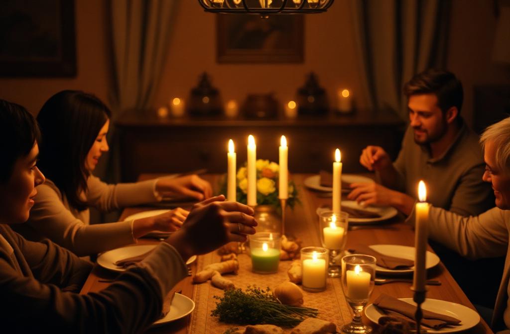 Mesa de jantar em família à luz de velas